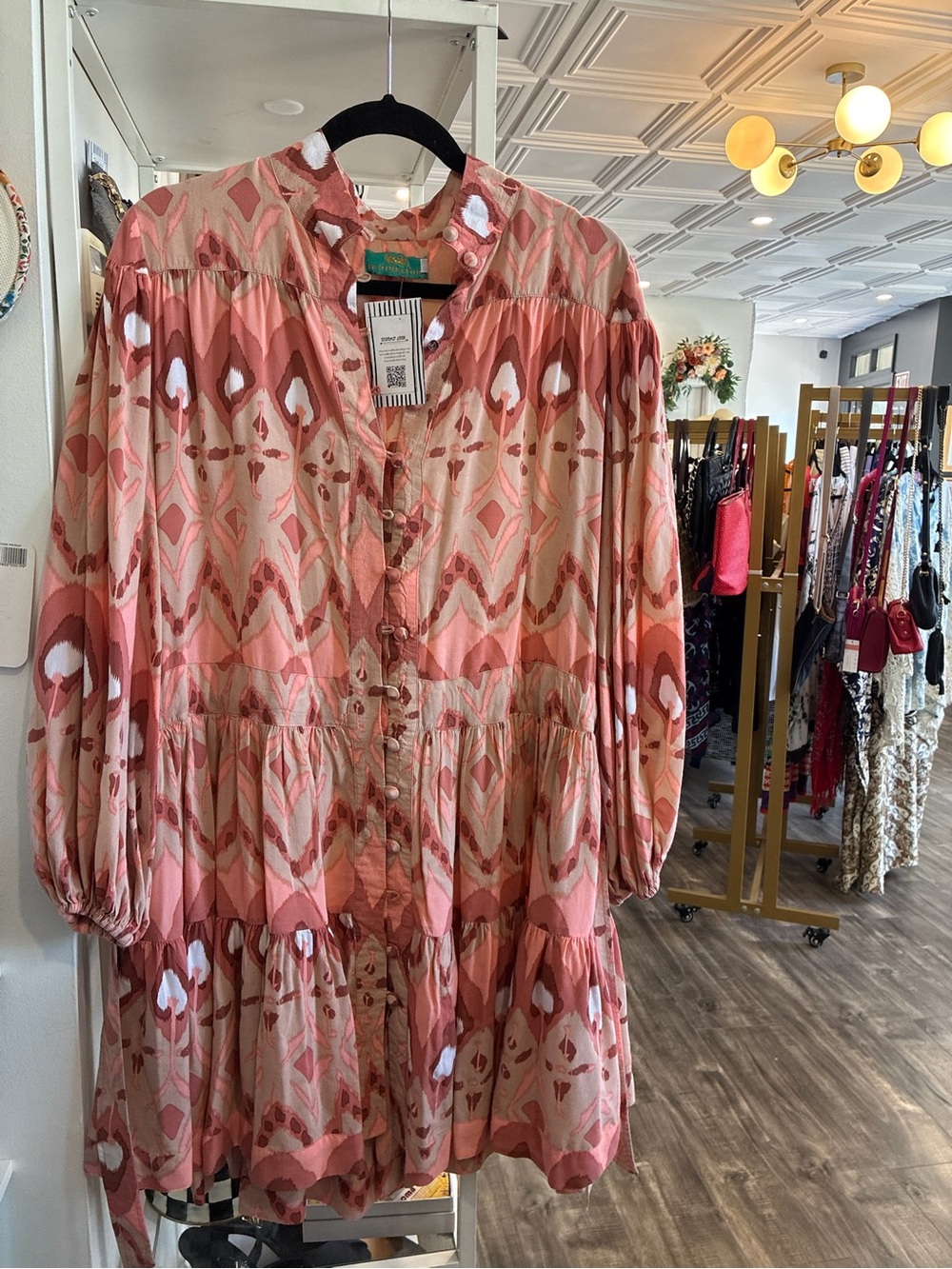 Feather & Find Women's Long-Sleeve Tiered Button Front Dress in Coral Pink